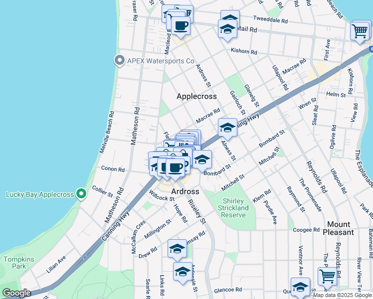 map of restaurants, bars, coffee shops, grocery stores, and more near 39 Simpson Street in Applecross