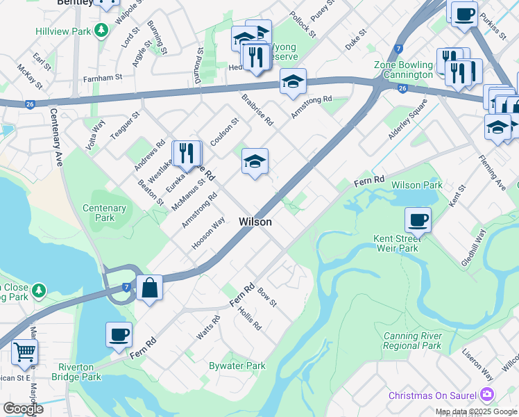 map of restaurants, bars, coffee shops, grocery stores, and more near 103 Leach Highway in Wilson