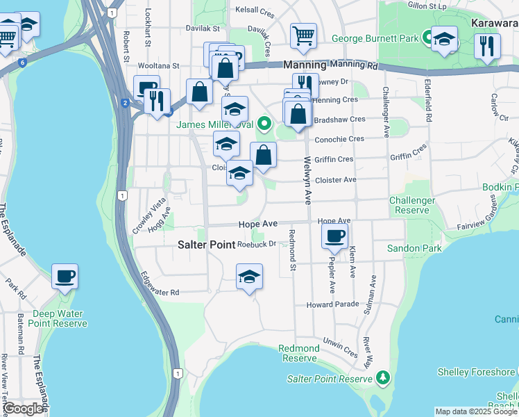 map of restaurants, bars, coffee shops, grocery stores, and more near 19 Cornish Crescent in Manning