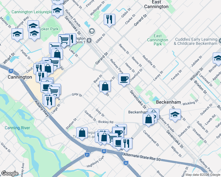 map of restaurants, bars, coffee shops, grocery stores, and more near 73 Station Street in Cannington