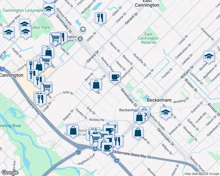 map of restaurants, bars, coffee shops, grocery stores, and more near 351 Sevenoaks Street in Cannington