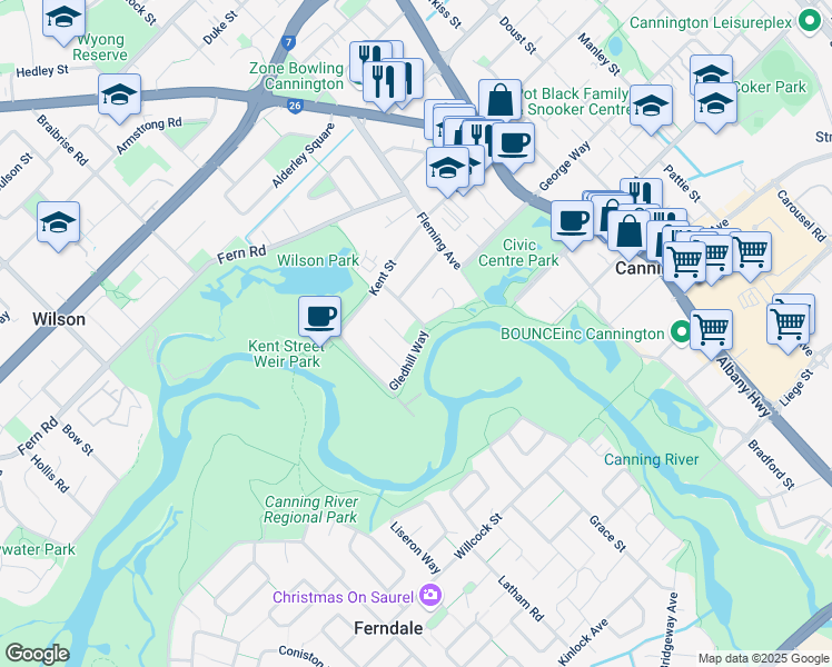 map of restaurants, bars, coffee shops, grocery stores, and more near 20 Gledhill Way in Wilson