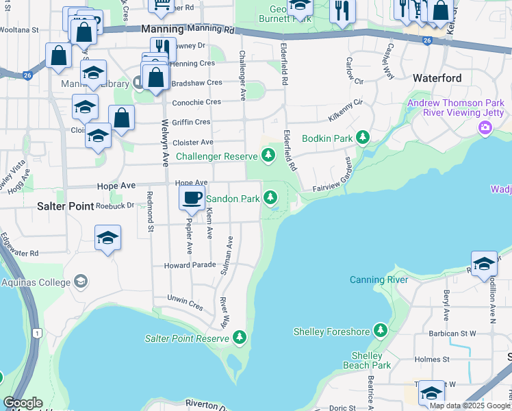 map of restaurants, bars, coffee shops, grocery stores, and more near 46 Salter Point Parade in Salter Point