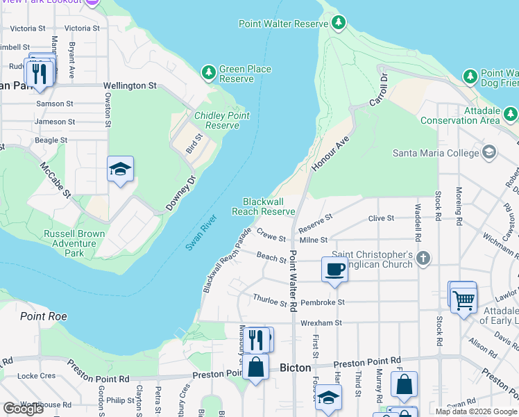 map of restaurants, bars, coffee shops, grocery stores, and more near 5 Honour Avenue in Bicton