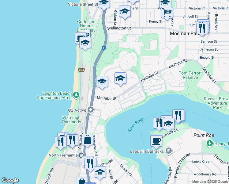 map of restaurants, bars, coffee shops, grocery stores, and more near 9 McCabe Street in North Fremantle
