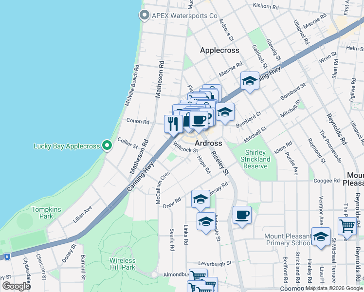 map of restaurants, bars, coffee shops, grocery stores, and more near 5 Willcock Street in Ardross