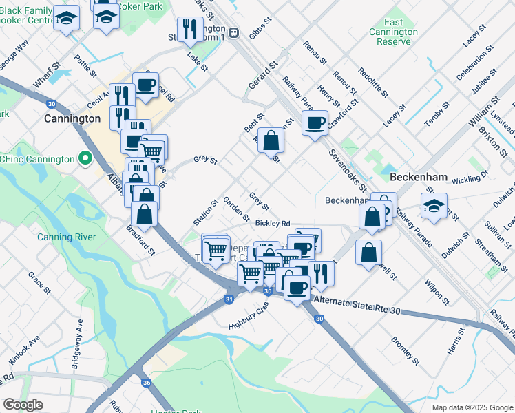 map of restaurants, bars, coffee shops, grocery stores, and more near 35 Grey Street in Cannington