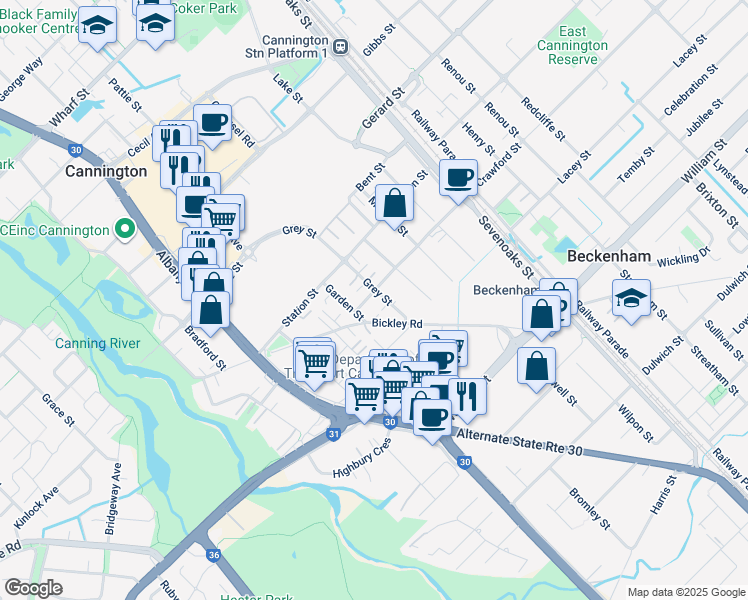 map of restaurants, bars, coffee shops, grocery stores, and more near 5 Crawford Street in Cannington