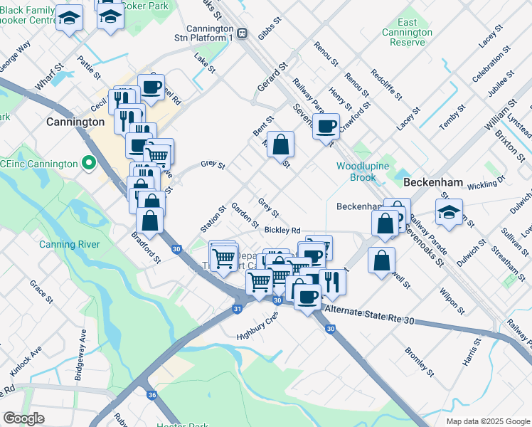 map of restaurants, bars, coffee shops, grocery stores, and more near 5 Crawford Street in Cannington