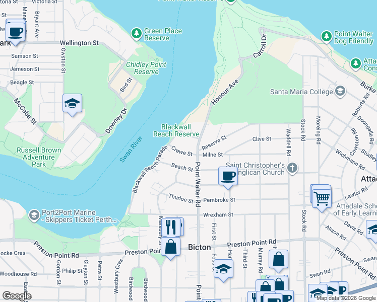 map of restaurants, bars, coffee shops, grocery stores, and more near 7A Crewe Street in Bicton