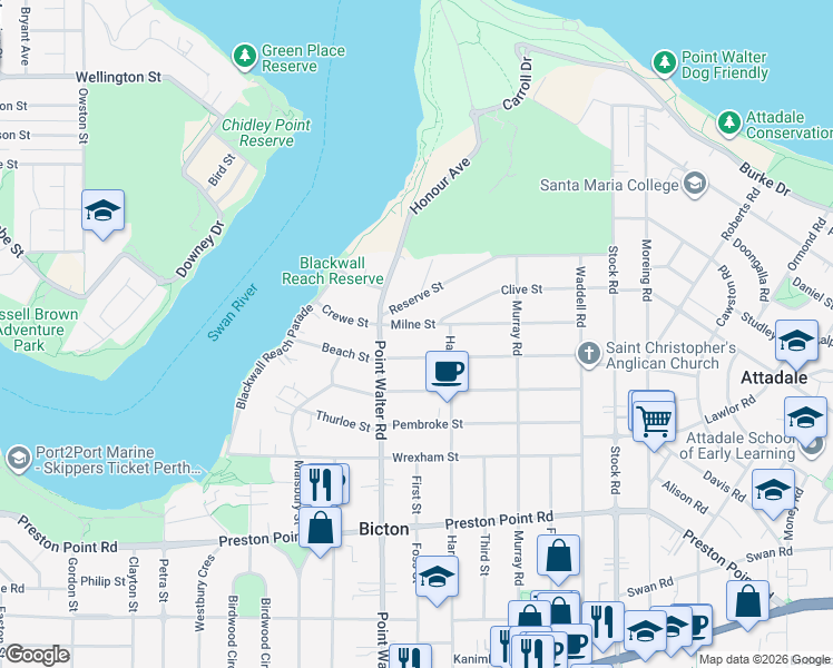 map of restaurants, bars, coffee shops, grocery stores, and more near 7B Milne Street in Bicton