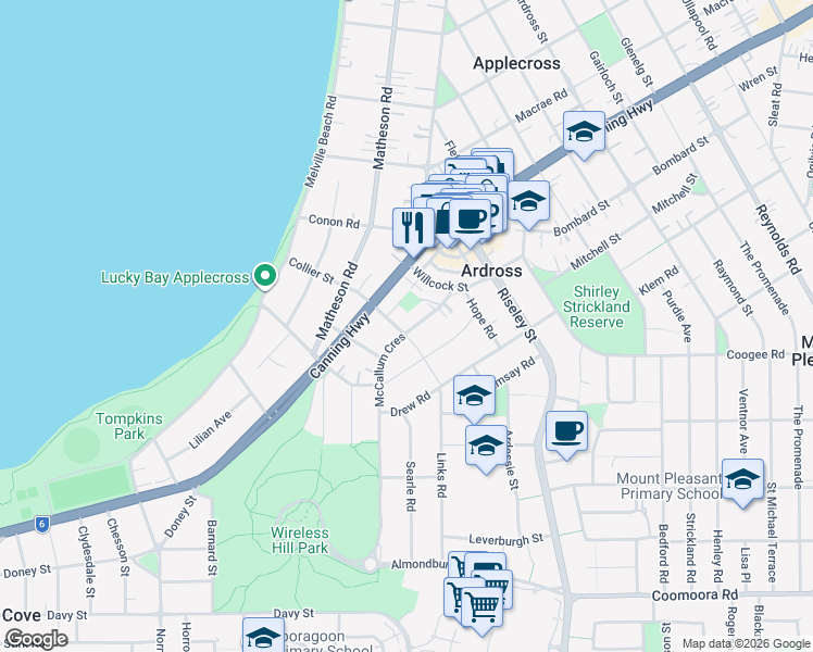 map of restaurants, bars, coffee shops, grocery stores, and more near 31 McCallum Crescent in Ardross