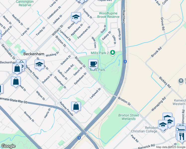 map of restaurants, bars, coffee shops, grocery stores, and more near 86 Brixton Street in Beckenham