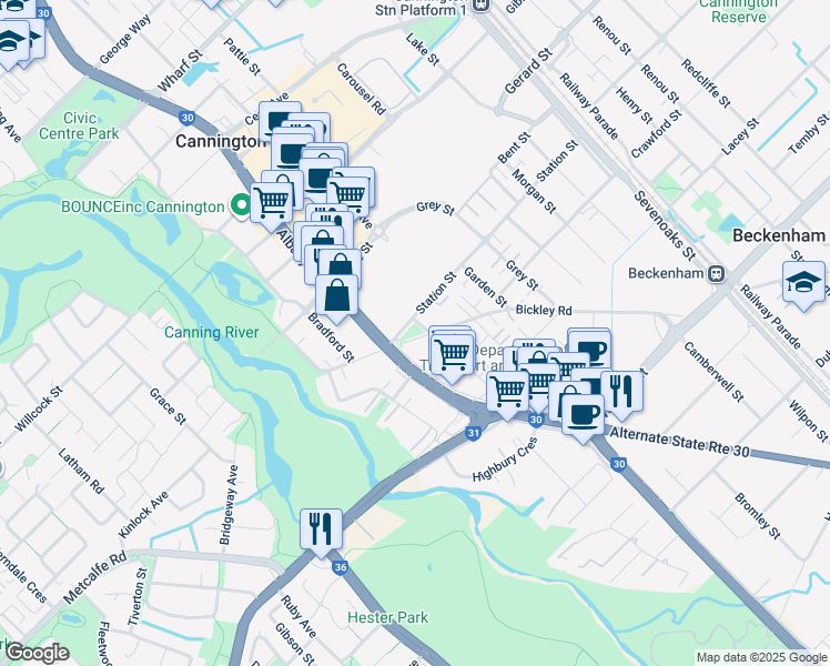 map of restaurants, bars, coffee shops, grocery stores, and more near 12 Bickley Road in Cannington