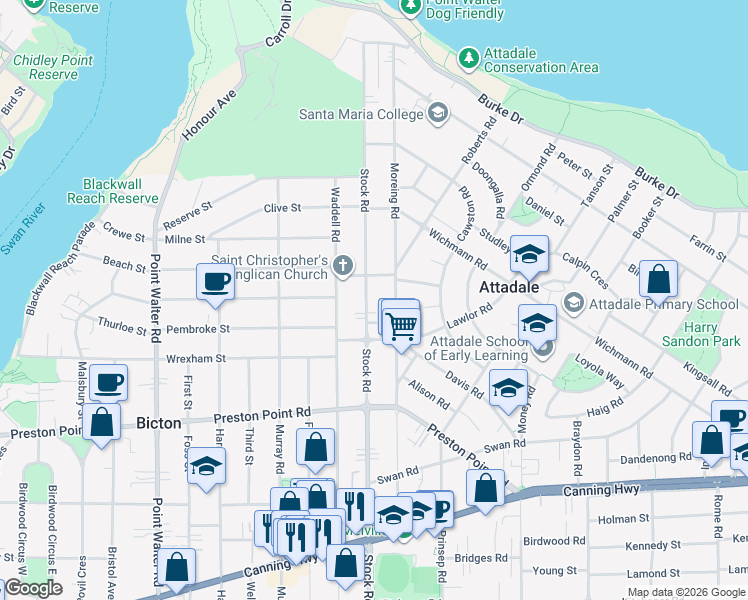 map of restaurants, bars, coffee shops, grocery stores, and more near 92A Stock Road in Attadale