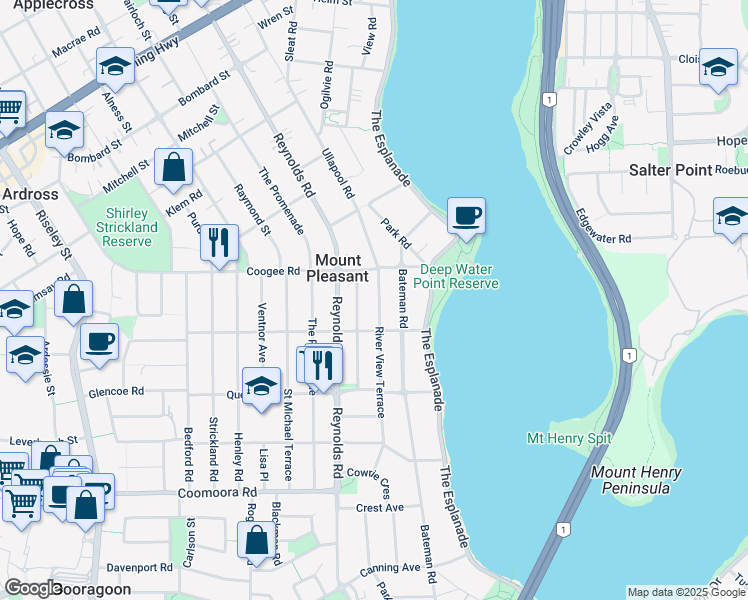 map of restaurants, bars, coffee shops, grocery stores, and more near 13 River View Terrace in Mount Pleasant
