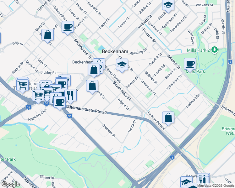 map of restaurants, bars, coffee shops, grocery stores, and more near 62 Beckenham Street in Beckenham