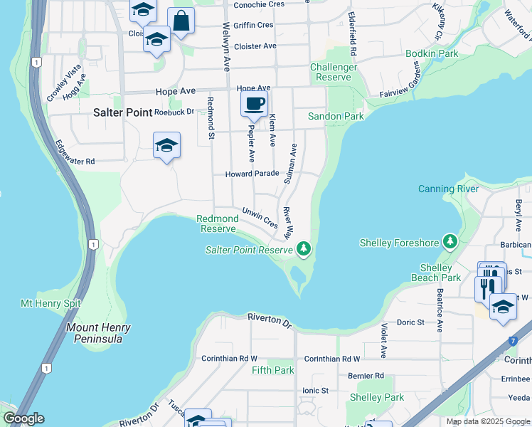 map of restaurants, bars, coffee shops, grocery stores, and more near 18 Unwin Crescent in Salter Point