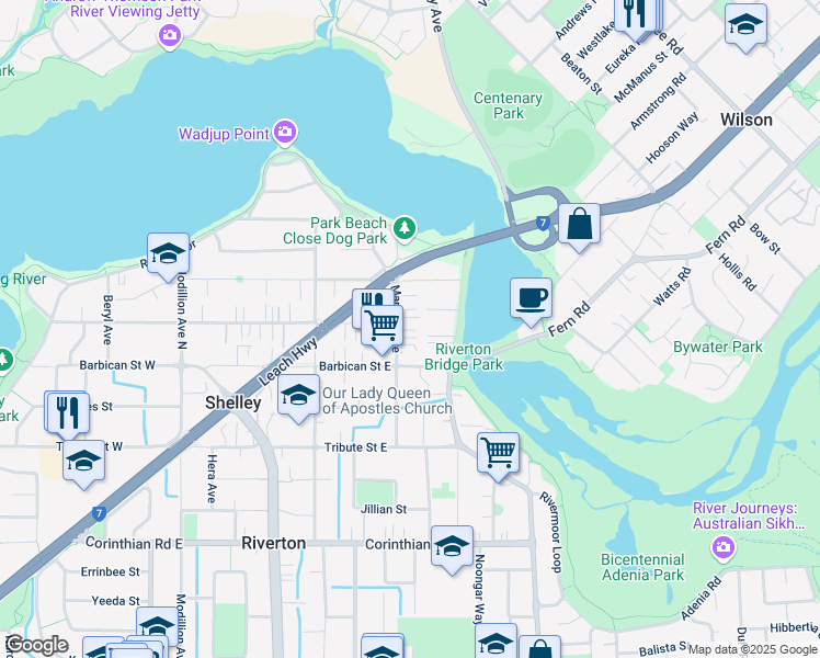map of restaurants, bars, coffee shops, grocery stores, and more near 24 Marjorie Avenue in Shelley