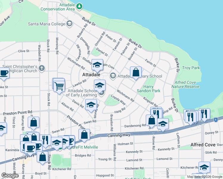 map of restaurants, bars, coffee shops, grocery stores, and more near 56A Wichmann Road in Attadale