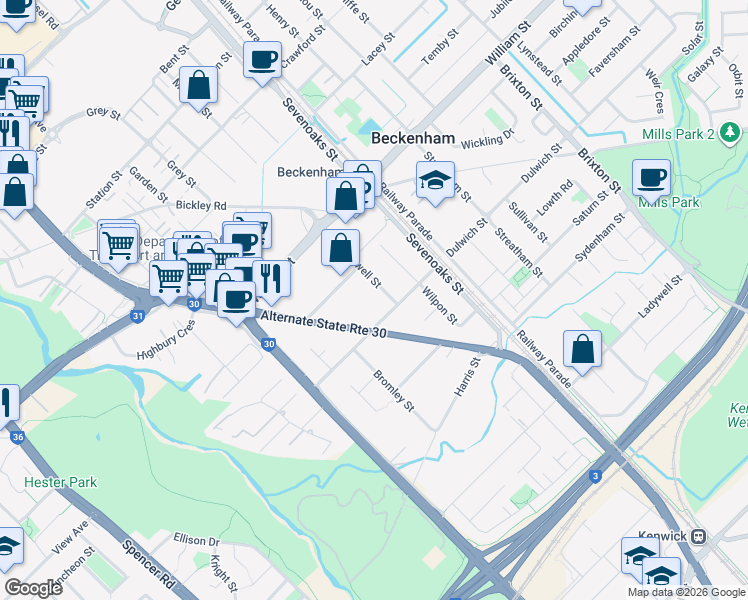 map of restaurants, bars, coffee shops, grocery stores, and more near 41 Camberwell Street in Beckenham
