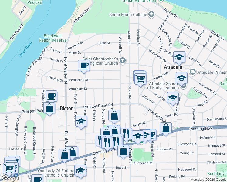 map of restaurants, bars, coffee shops, grocery stores, and more near 42 Wrexham Street in Bicton