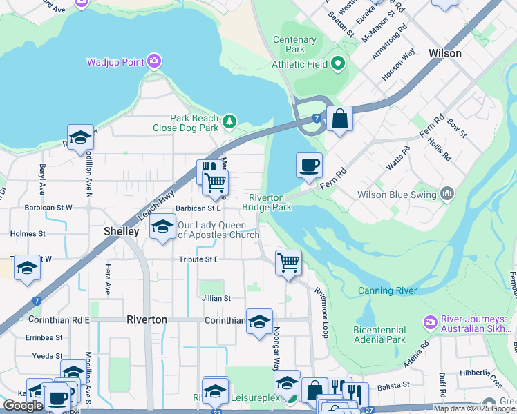 map of restaurants, bars, coffee shops, grocery stores, and more near Riverton Drive East in City of Canning