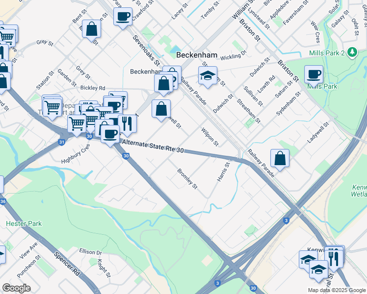 map of restaurants, bars, coffee shops, grocery stores, and more near 39 Beckenham Street in Beckenham