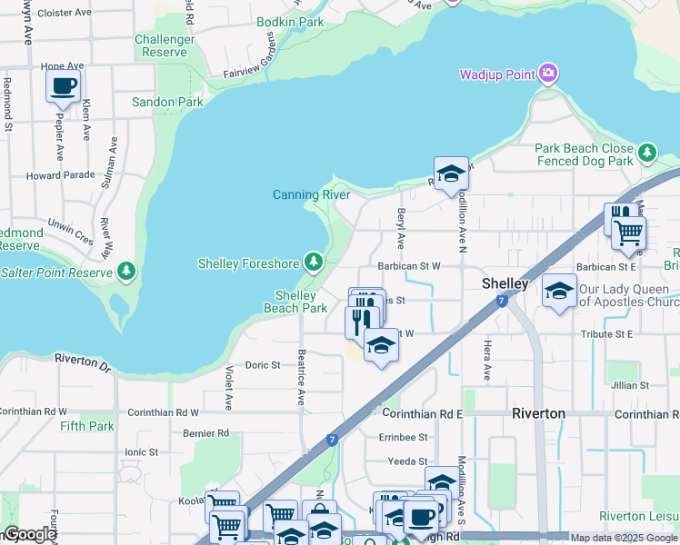 map of restaurants, bars, coffee shops, grocery stores, and more near 267 Riverton Drive North in Shelley