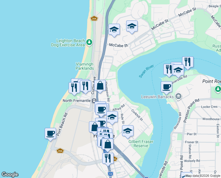 map of restaurants, bars, coffee shops, grocery stores, and more near 12 Burford Place in North Fremantle
