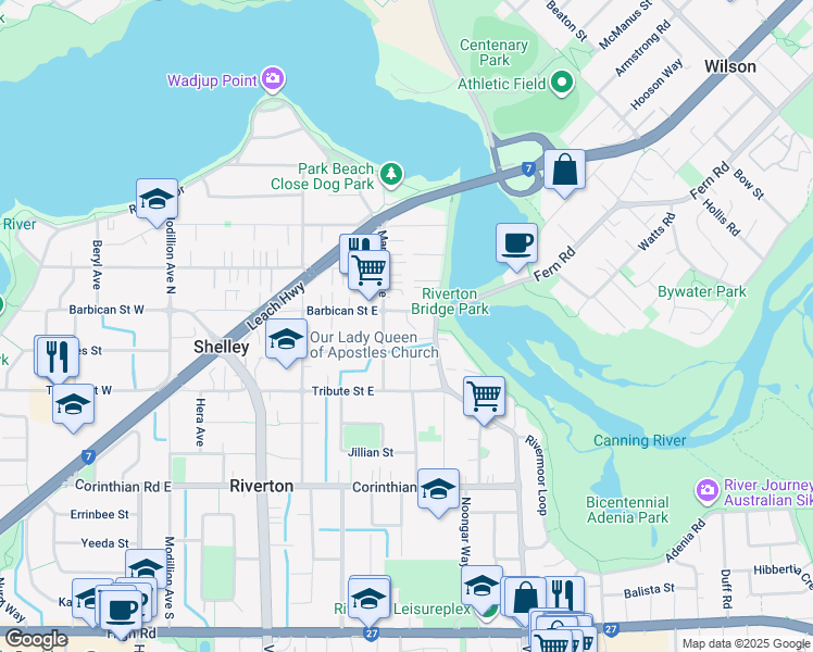 map of restaurants, bars, coffee shops, grocery stores, and more near 38 Marjorie Avenue in Riverton