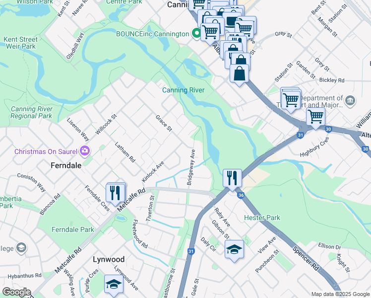 map of restaurants, bars, coffee shops, grocery stores, and more near 6 Grace Street in Ferndale