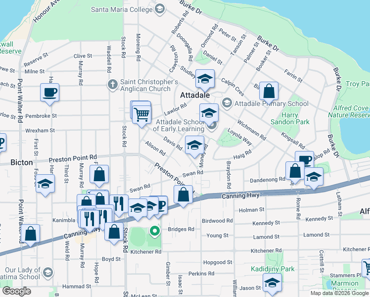 map of restaurants, bars, coffee shops, grocery stores, and more near 39 Davis Road in Attadale