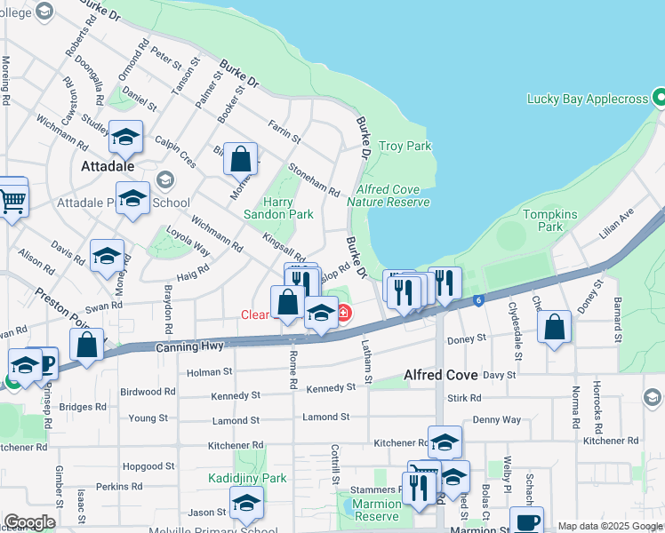 map of restaurants, bars, coffee shops, grocery stores, and more near 44A Hislop Road in Attadale