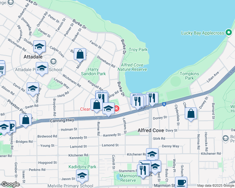 map of restaurants, bars, coffee shops, grocery stores, and more near 33 Hislop Road in Attadale