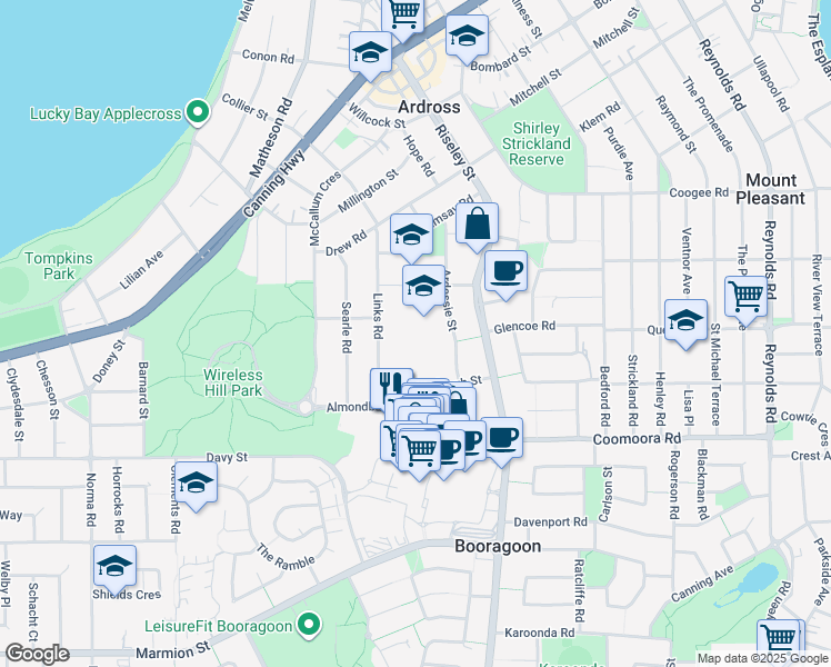 map of restaurants, bars, coffee shops, grocery stores, and more near 30 Links Road in Ardross