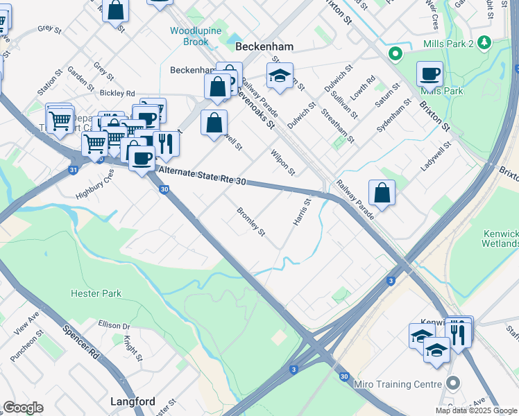map of restaurants, bars, coffee shops, grocery stores, and more near 17 Peckham Street in Beckenham