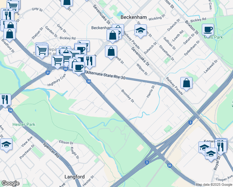 map of restaurants, bars, coffee shops, grocery stores, and more near 7A Wild Street in Beckenham