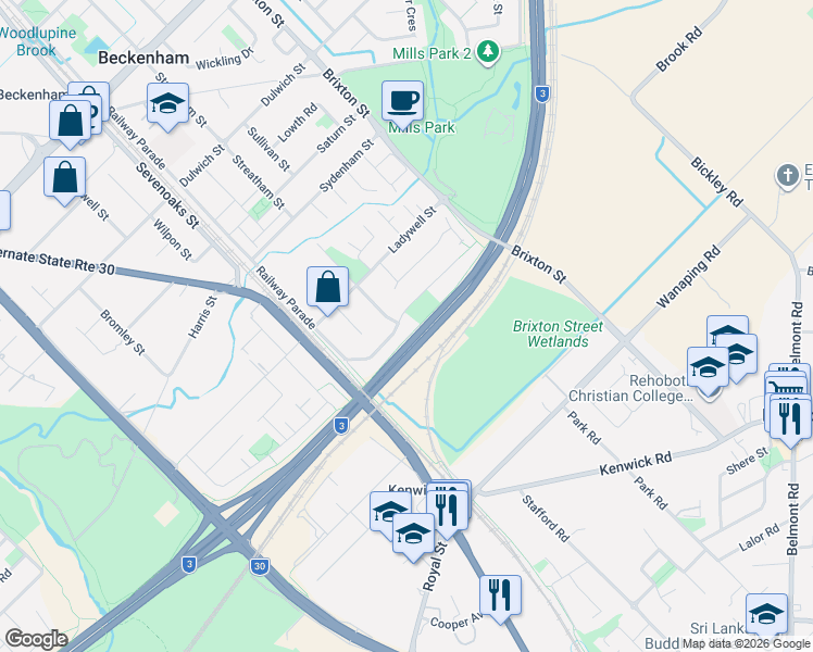 map of restaurants, bars, coffee shops, grocery stores, and more near 25 Rochester Avenue in Beckenham
