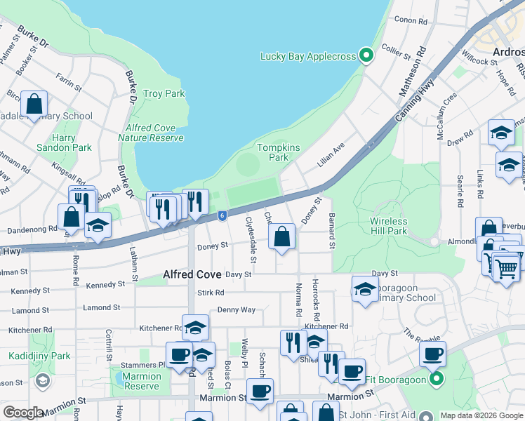 map of restaurants, bars, coffee shops, grocery stores, and more near 629 Canning Highway in Alfred Cove