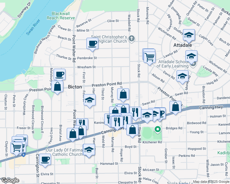 map of restaurants, bars, coffee shops, grocery stores, and more near 46 Fifth Street in Bicton
