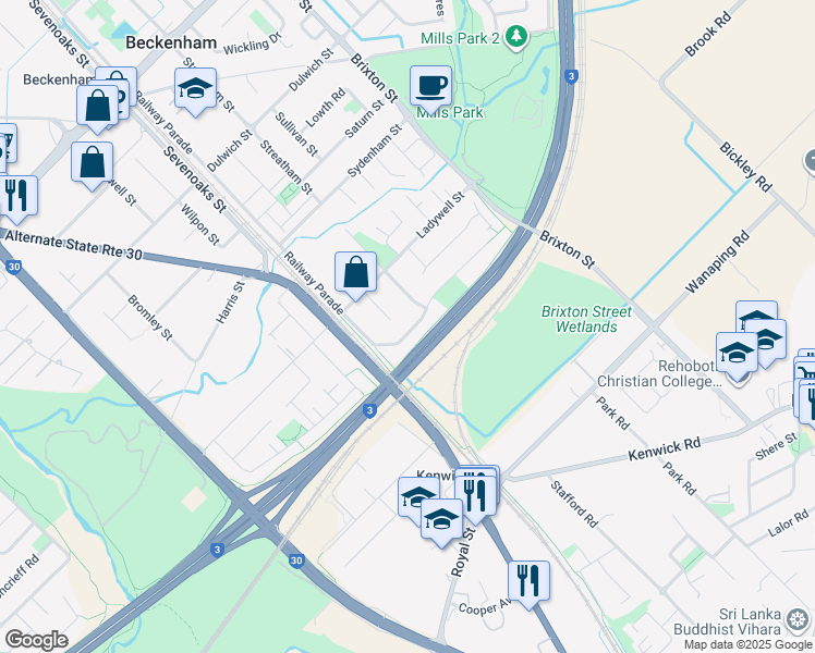 map of restaurants, bars, coffee shops, grocery stores, and more near 14 Rochester Avenue in Beckenham