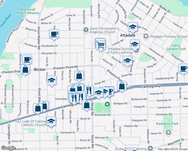 map of restaurants, bars, coffee shops, grocery stores, and more near 144A Stock Road in Attadale