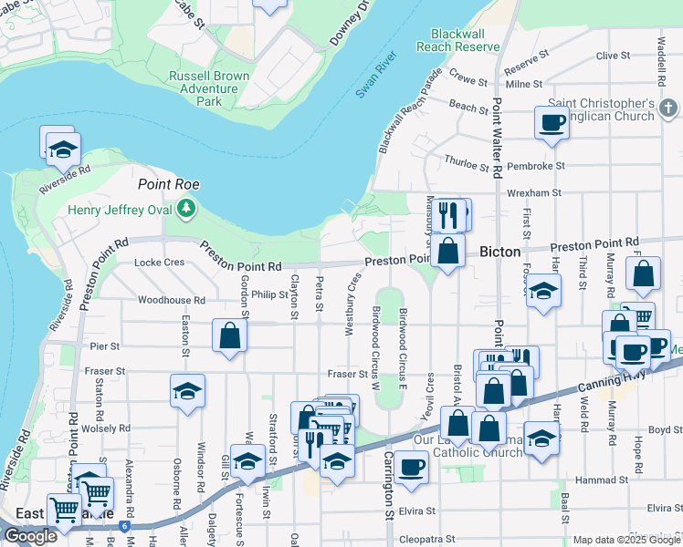 map of restaurants, bars, coffee shops, grocery stores, and more near 196 Preston Point Road in Bicton