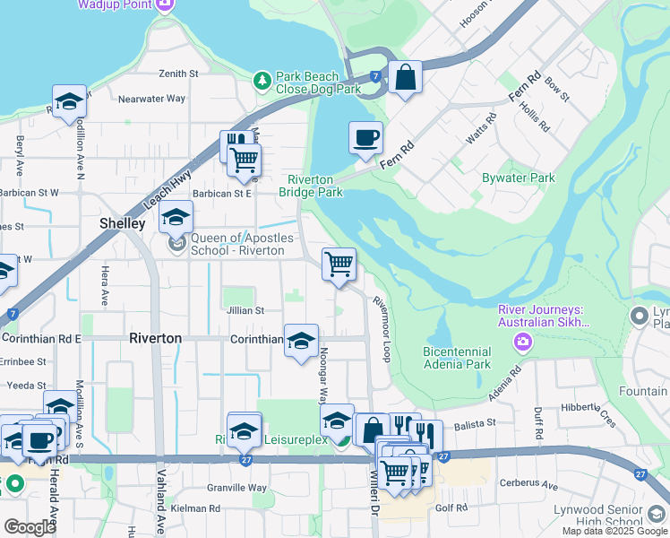 map of restaurants, bars, coffee shops, grocery stores, and more near 470 Riverton Drive East in Riverton
