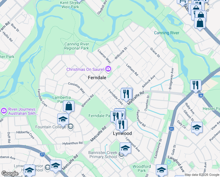 map of restaurants, bars, coffee shops, grocery stores, and more near 224 Ferndale Crescent in Ferndale