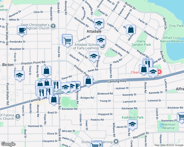 map of restaurants, bars, coffee shops, grocery stores, and more near 36 Swan Road in Attadale