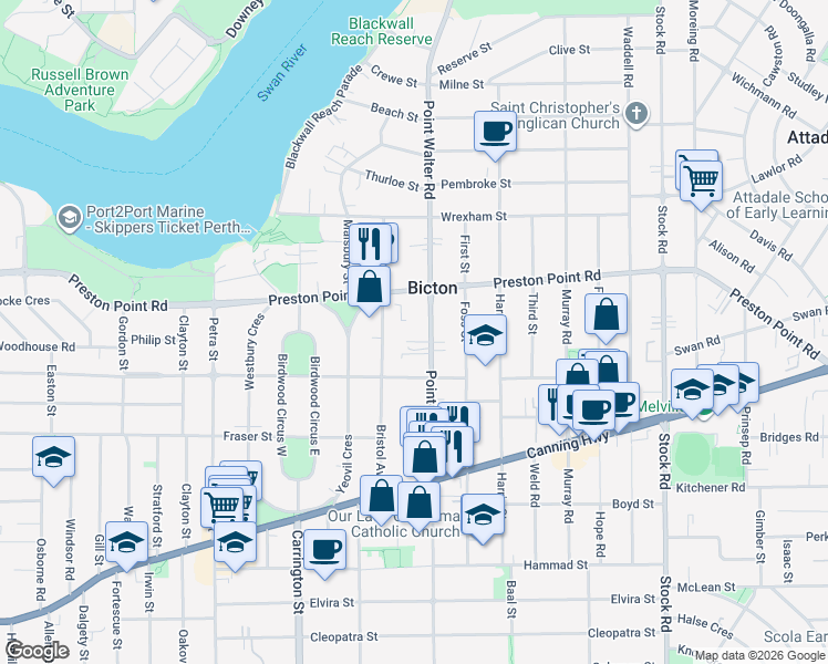 map of restaurants, bars, coffee shops, grocery stores, and more near 41 Point Walter Road in Bicton