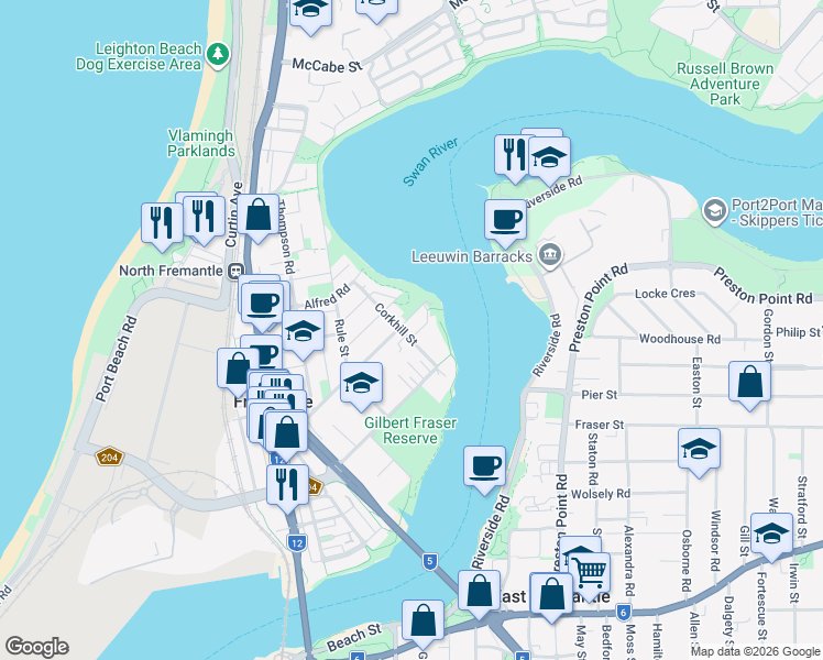 map of restaurants, bars, coffee shops, grocery stores, and more near 17 Corkhill Street in North Fremantle