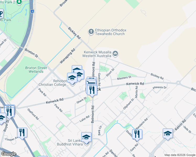 map of restaurants, bars, coffee shops, grocery stores, and more near 16 Gaskin Road in Kenwick